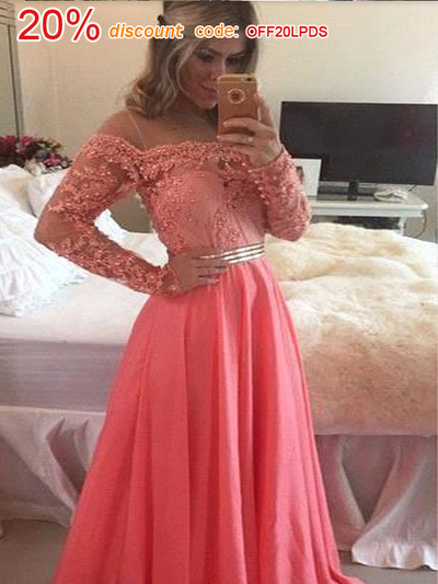 elegant prom dresses,Watermelon A-line Off-the-shoulder Chiffon Prom Dresses Evening Dresses 8658