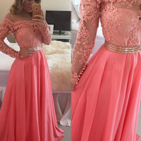 elegant prom dresses,Watermelon A-line Off-the-shoulder Chiffon Prom Dresses Evening Dresses 8658 - Thumbnail 2