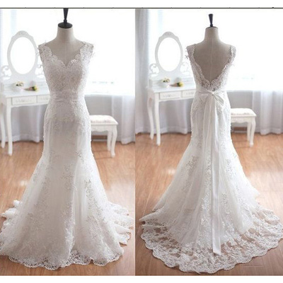Classy wedding dresses,white trumpet mermaid v-neck sweep brush train tulle evening dress wedding dresses 9680