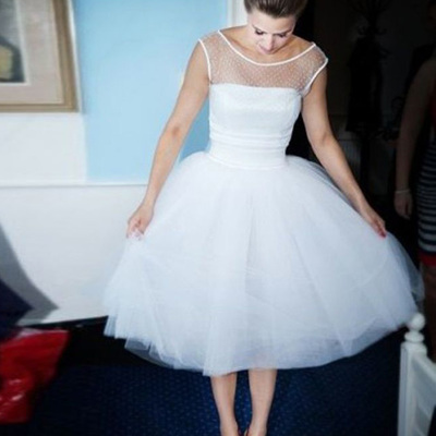 Cheap wedding dresses,white a-line scoop knee-length tulle evening dress wedding dresses 9689