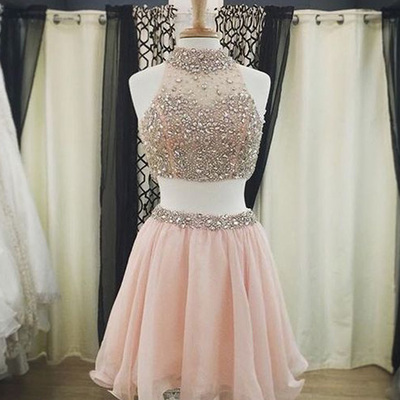 Homecoming dresses short,pearl pink a-line high neck short mini chiffon short prom dress homecoming dresses 9636