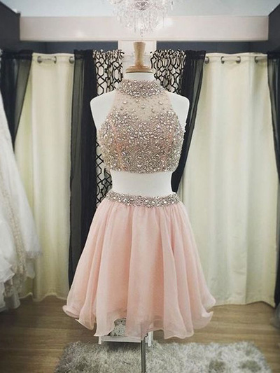 homecoming dresses short,Pearl Pink A-line High Neck Short Mini Chiffon Short Prom Dress Homecoming Dresses 9636