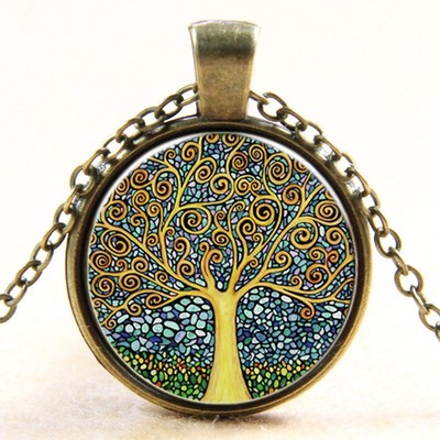 Tree of Life Glass Cabochon Bronze/Silver Chain Pendant/Necklace