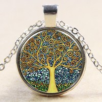 Tree of Life Glass Cabochon Bronze/Silver Chain Pendant/Necklace - Thumbnail 1