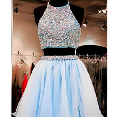 Two piece short prom dresses,light sky blue a-line halter short mini chiffon homecoming dresses short prom dresses 9648