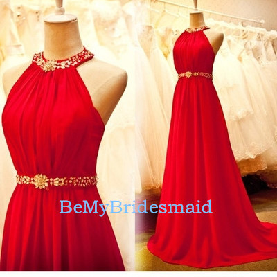 Beautiful red halter beaded long prom dresses, red prom gowns, party dresses