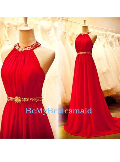 Beautiful Red Halter Beaded Long Prom Dresses, Red Prom Gowns, Party Dresses
