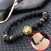 Men's Antique Black Lava Stone Gold Lion Head Bracelet - Thumbnail 1