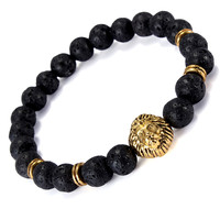 Men's Antique Black Lava Stone Gold Lion Head Bracelet - Thumbnail 2