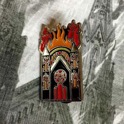 burning church enamel pin