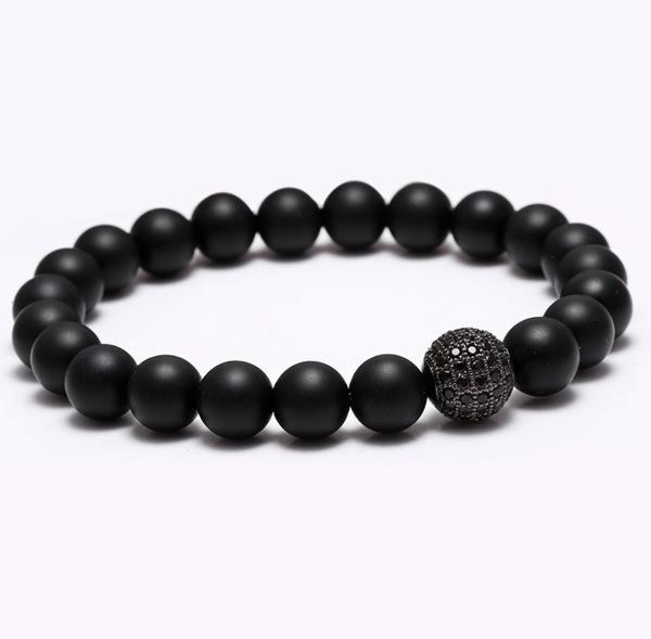 Black Matte Beads Bracelet w/Black Stone