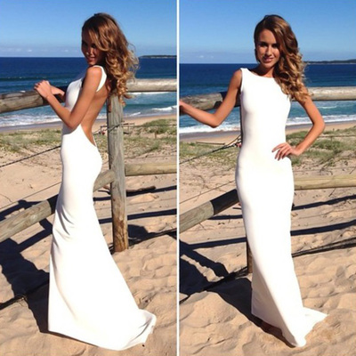 simple prom dresses,White Sheath Column Scoop Floor-length Elastic Woven Satin Evening Dress Prom Dresses 10128
