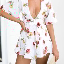 White Floral Printed Boho Playsuit 