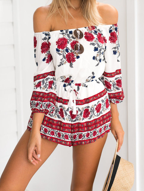White Red Visaya Off Shoulder Floral Boho Playsuit