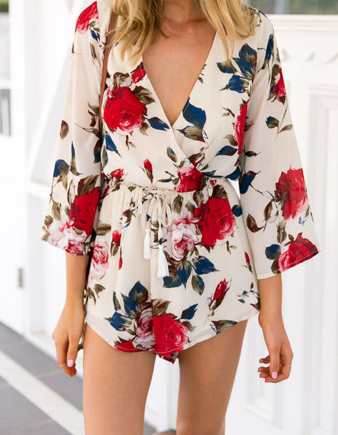Cream Red Floral Boho Playsuit
