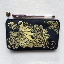 Hand Painted Henna bag Mandala bag Pattern Zipper Pouch Coin Purse Cotton Cosmetic Bag Gold Black Pencil Case Phone Wallet Hand Drawn Art