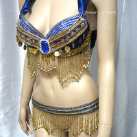 Blue and Gold Gypsy Bra and Beaded Skirt Cosplay Dance Costume Rave Bra Rave Wear Halloween Burlesque Show Girl - Thumbnail 1