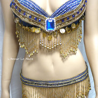 Blue and Gold Gypsy Bra and Beaded Skirt Cosplay Dance Costume Rave Bra Rave Wear Halloween Burlesque Show Girl - Thumbnail 3