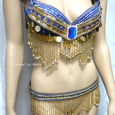 Blue and gold gypsy bra and beaded skirt cosplay dance costume rave bra rave wear halloween burlesque show girl