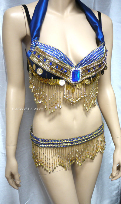Blue and Gold Gypsy Bra and Beaded Skirt Cosplay Dance Costume Rave Bra Rave Wear Halloween Burlesque Show Girl