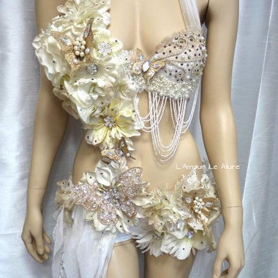 Gold and white goddess fairy monokini cosplay dance costume rave bra rave wear halloween burlesque show girl