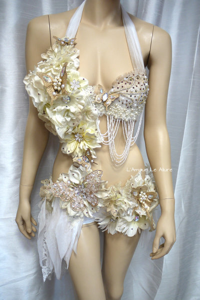 Gold and White Goddess Fairy Monokini Cosplay Dance Costume Rave Bra Rave Wear Halloween Burlesque Show Girl