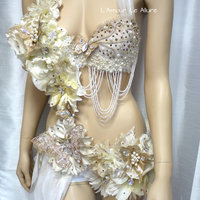 Gold and White Goddess Fairy Monokini Cosplay Dance Costume Rave Bra Rave Wear Halloween Burlesque Show Girl - Thumbnail 1