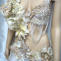 Gold and White Goddess Fairy Monokini Cosplay Dance Costume Rave Bra Rave Wear Halloween Burlesque Show Girl - Thumbnail 2