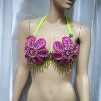 Pink Flower Daisy Samba Bra Dance Costume Cage Rave Bra Halloween - Thumbnail 2