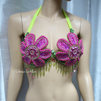 Pink Flower Daisy Samba Bra Dance Costume Cage Rave Bra Halloween - Thumbnail 4