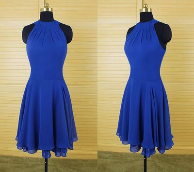 Lovely Short Royal Blue Chiffon Halter Prom Dresses 2016, Party Dresses, Prom Gowns, Party Dresses