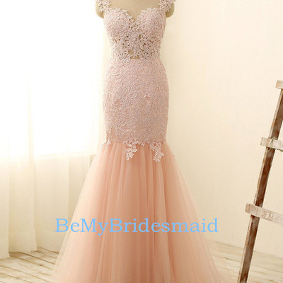 Beautiful light pink tulle long prom gown with lace applique, pink prom gowns, pink formal dresses