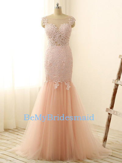 Beautiful Light Pink Tulle Long Prom Gown with Lace Applique, Pink Prom Gowns, Pink Formal Dresses
