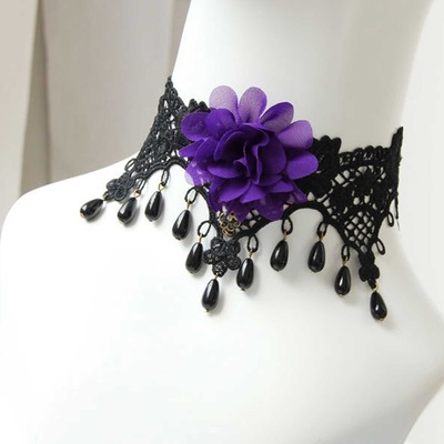 Gothic retro flower black lace purple flower necklace