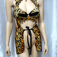 Tiger Monokini Dress Bra Cosplay Dance Costume Rave Bra Rave Wear Halloween Burlesque Show Girl - Thumbnail 2