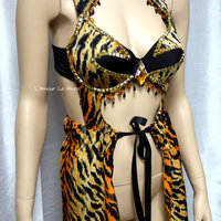 Tiger Monokini Dress Bra Cosplay Dance Costume Rave Bra Rave Wear Halloween Burlesque Show Girl - Thumbnail 3