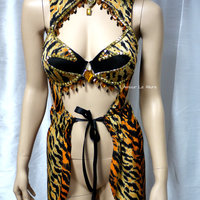 Tiger Monokini Dress Bra Cosplay Dance Costume Rave Bra Rave Wear Halloween Burlesque Show Girl - Thumbnail 1