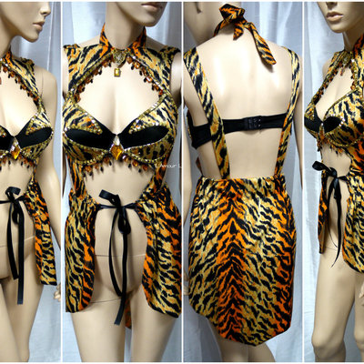 Tiger monokini dress bra cosplay dance costume rave bra rave wear halloween burlesque show girl
