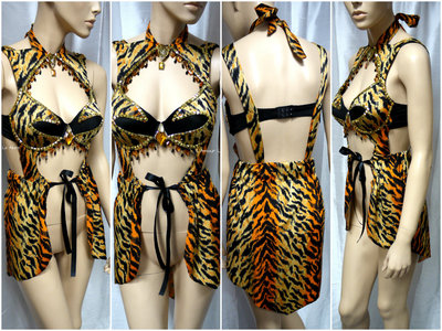 Tiger Monokini Dress Bra Cosplay Dance Costume Rave Bra Rave Wear Halloween Burlesque Show Girl