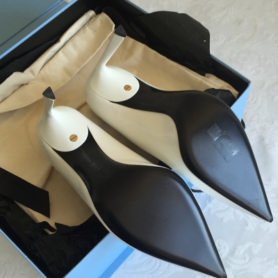 Lanvin white leather point toe pumps with gold screw detail