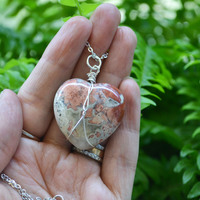 Jasper Heart Necklace, Heart Stone, Healing Stones, Wire Wrapped Crystals, Long Chain and Stone, Canadian Shop - Thumbnail 1
