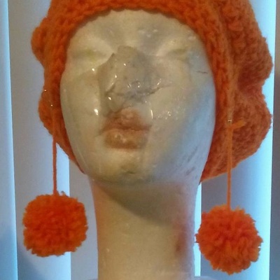 Crochet slouchy hat and puffball earrings