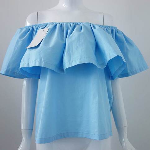 Sky Blue Off the Shoulder Ruffles Cotton Crop Top Blouse 