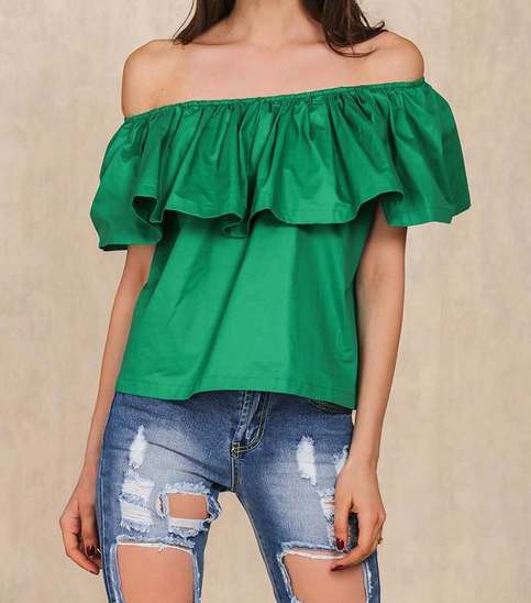 Green Shoulder Ruffles Cotton Crop Top Blouse 