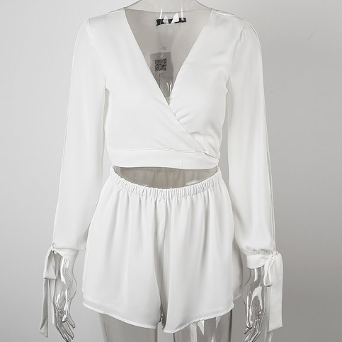 White Shorts Top Set With Slit Sleeve