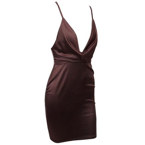 Brown Sleeveless Cowl Neck Elegant Dress
