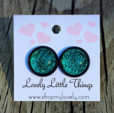 12mm Teal Glitter Studs with Black Setting