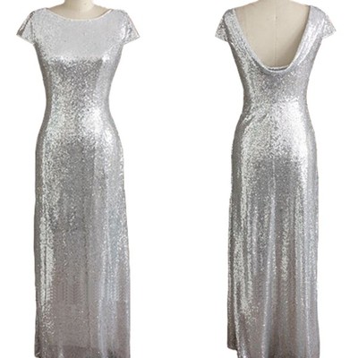 Sliver sequin bridesmaid dress, cap sleeves bridesmaid dress, sparkle bridesmaid dress, long bridesmaid dress,bd1060