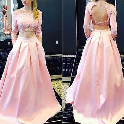 Pink prom dress, long prom dress, two pieces prom dress, long sleeves prom dress, party dress, bd1372 - Thumbnail 4