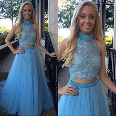 Blue prom dress, long prom dress, two pieces prom dress, high neck prom dress, party dress, bd1373 - Thumbnail 5
